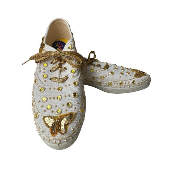 Vintage 80s Glitzies Bedazzled Butterfly Sparkly Gold Sequined Shoes Sneakers 8 - Picture 2 of 11